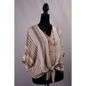 Sim  &Sam Beige &‎ White Striped Tie-Front Blouse Size Small Button-Down Light
